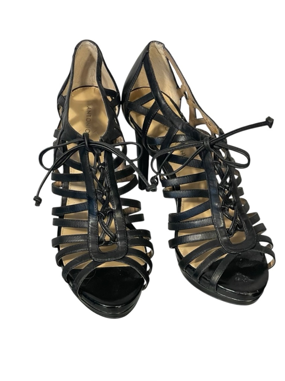 Antonio Melani Black Leather Cage Lace Up Platform Stiletto Heel Shootie Sz 9.5